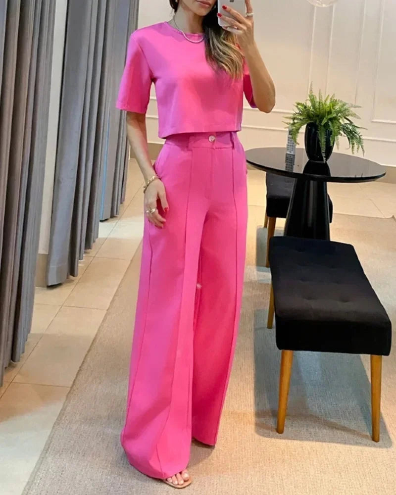 Eloisa - Short-Sleeved Cropped Top Tailored Pants Set