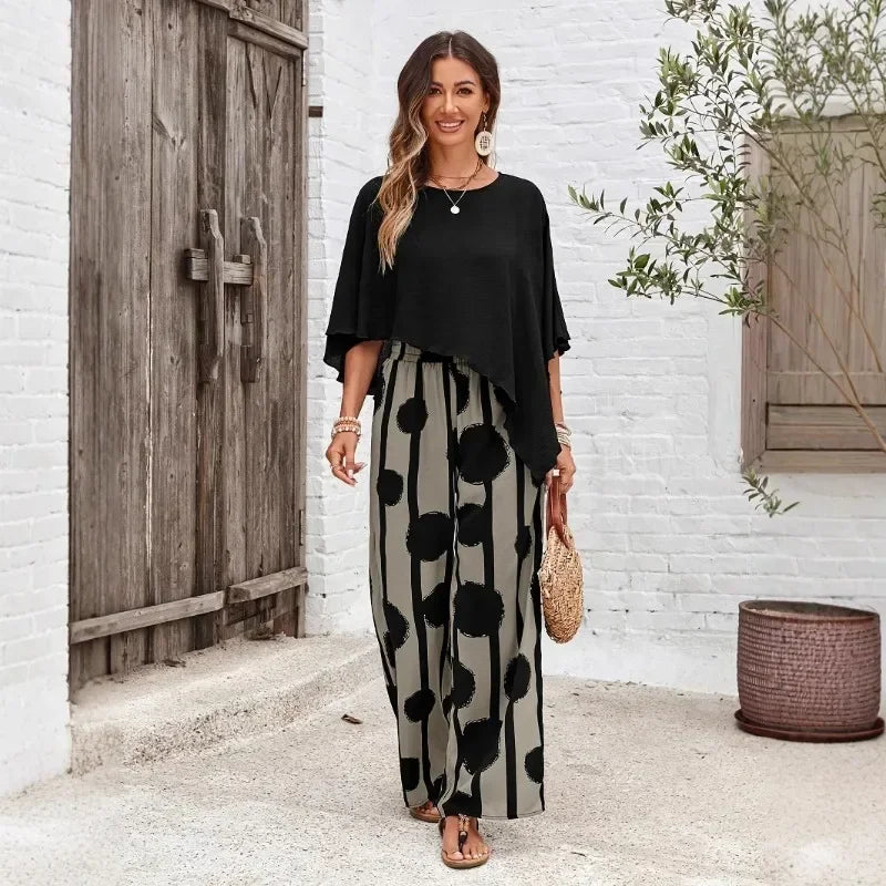 Natasha - Casual Irregular Top & Wide Leg Pants Set
