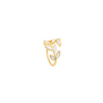 Adjustable gold ring with leaf and white opal