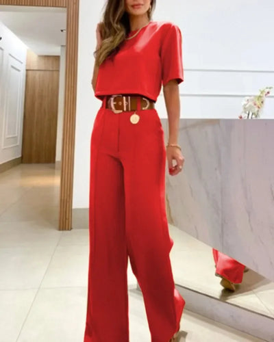 Eloisa - Short-Sleeved Cropped Top Tailored Pants Set
