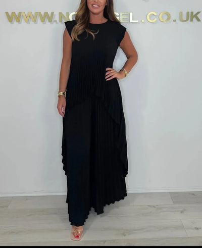 Angela - Pleated Irregular Top and Wide Waisted Pants Set