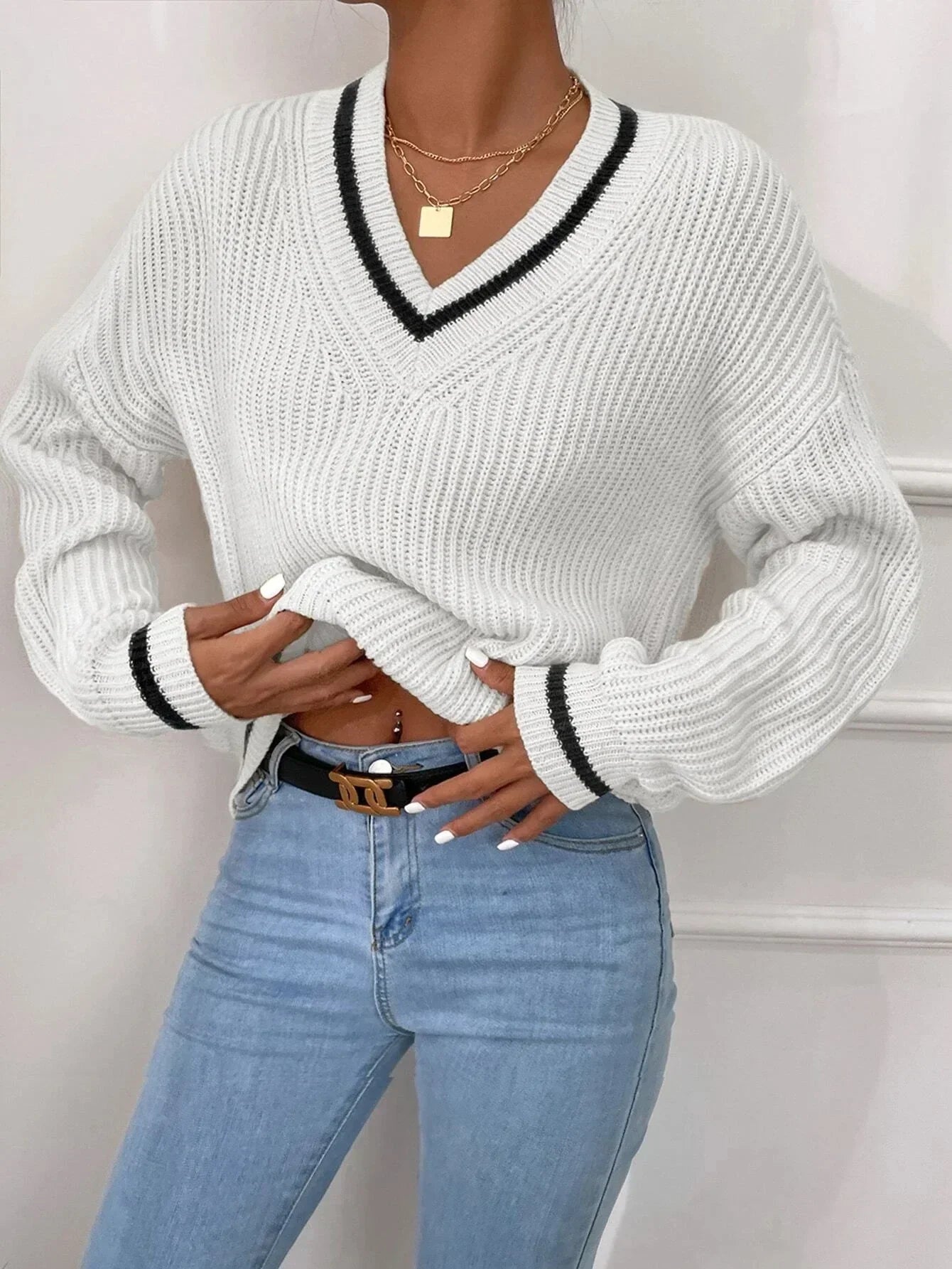 Marina - Striped Waffle Knit Sweater