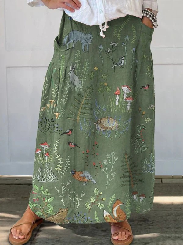 Women's skirt with pockets featuring a forest animal pattern