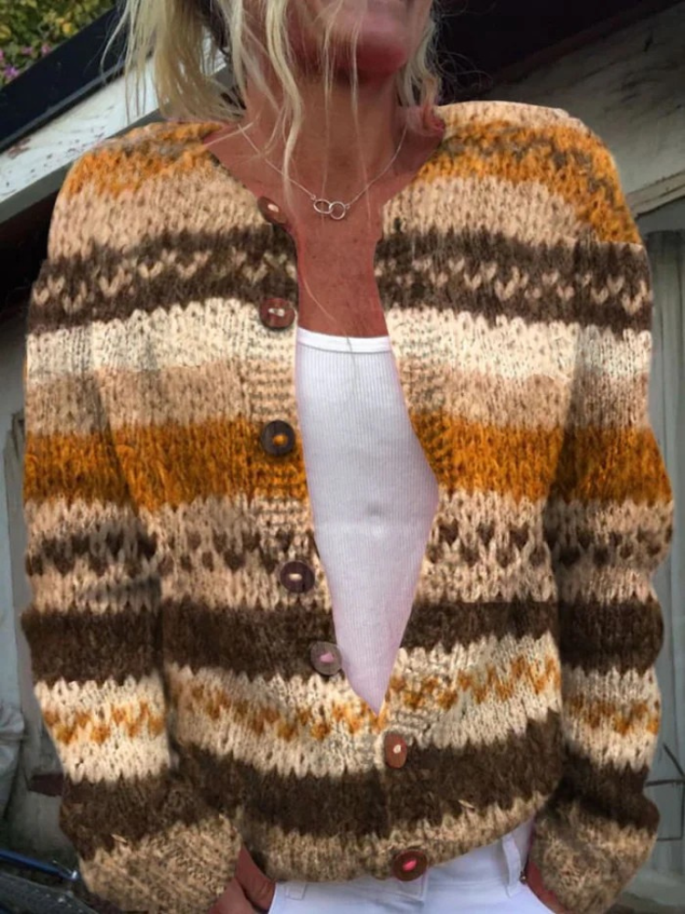 Alexa - Striped Color Block Print Buttoned Cardigan Sweater