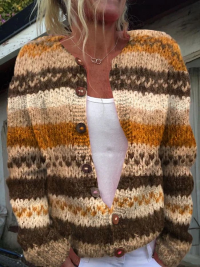 Alexa - Striped Color Block Print Buttoned Cardigan Sweater