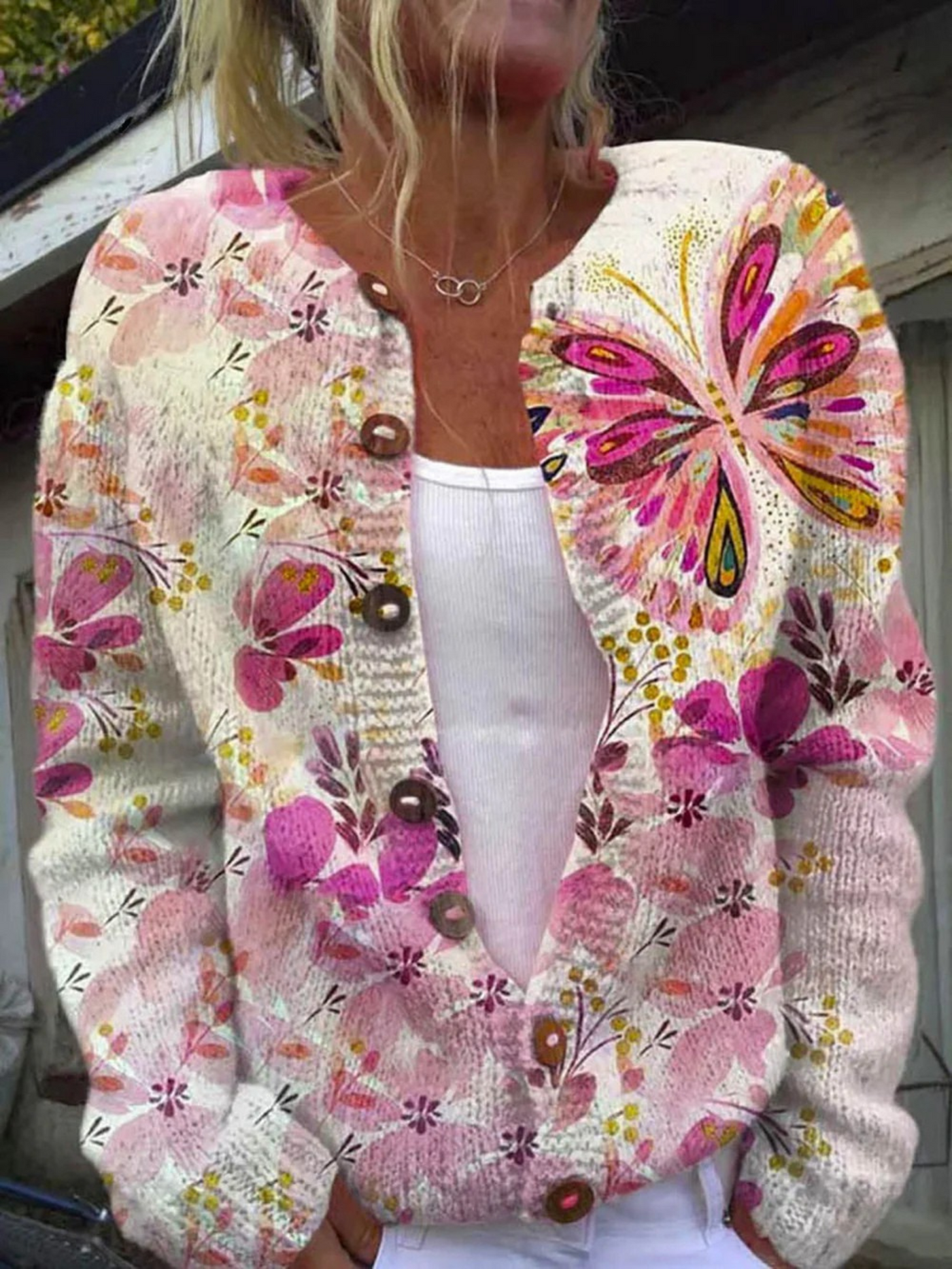 Jane - Women's Lovely Butterfly Floral Art Print Buttoned Cardigan Sweater