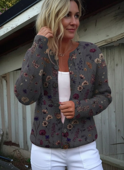 Martha - Floral Art Print Buttoned Cardigan Sweater