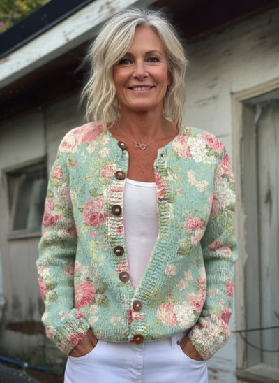 Catherine - Fresh Retro Flowers Print Buttoned Cardigan Sweater