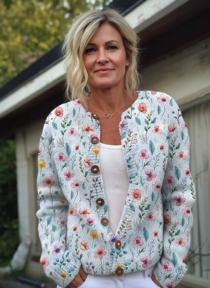 Bella - Vintage Flower Art Print Buttoned Cardigan Sweater