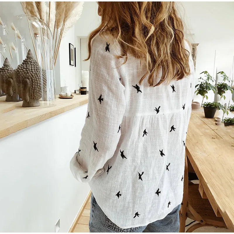 Kaia - Bird Print Long Sleeve Shirt