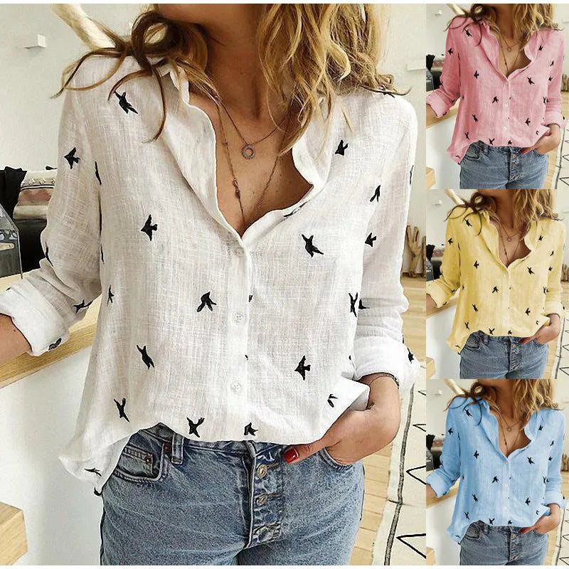 Kaia - Bird Print Long Sleeve Shirt