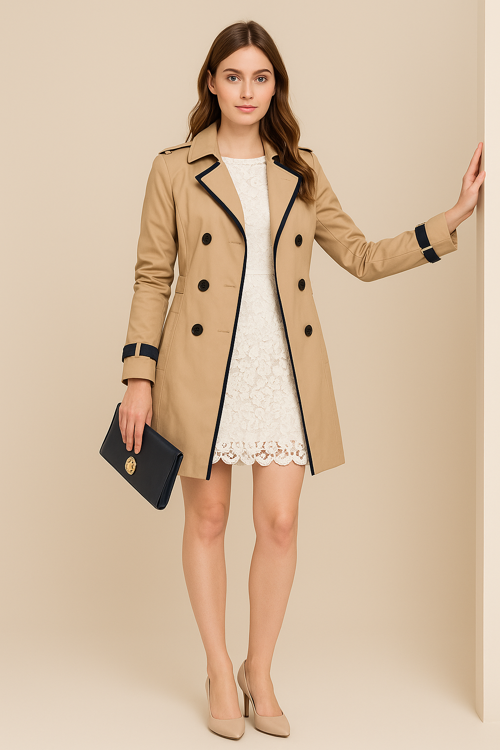 Maya - Double-Breasted Trench Coat with Contrast Trim